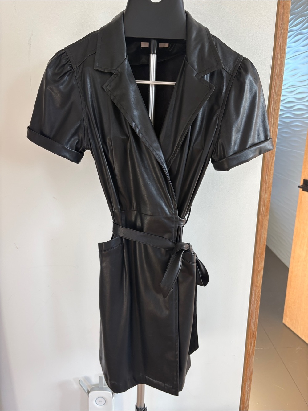 Dear John Black Faux Leather Wrap Mini Dress